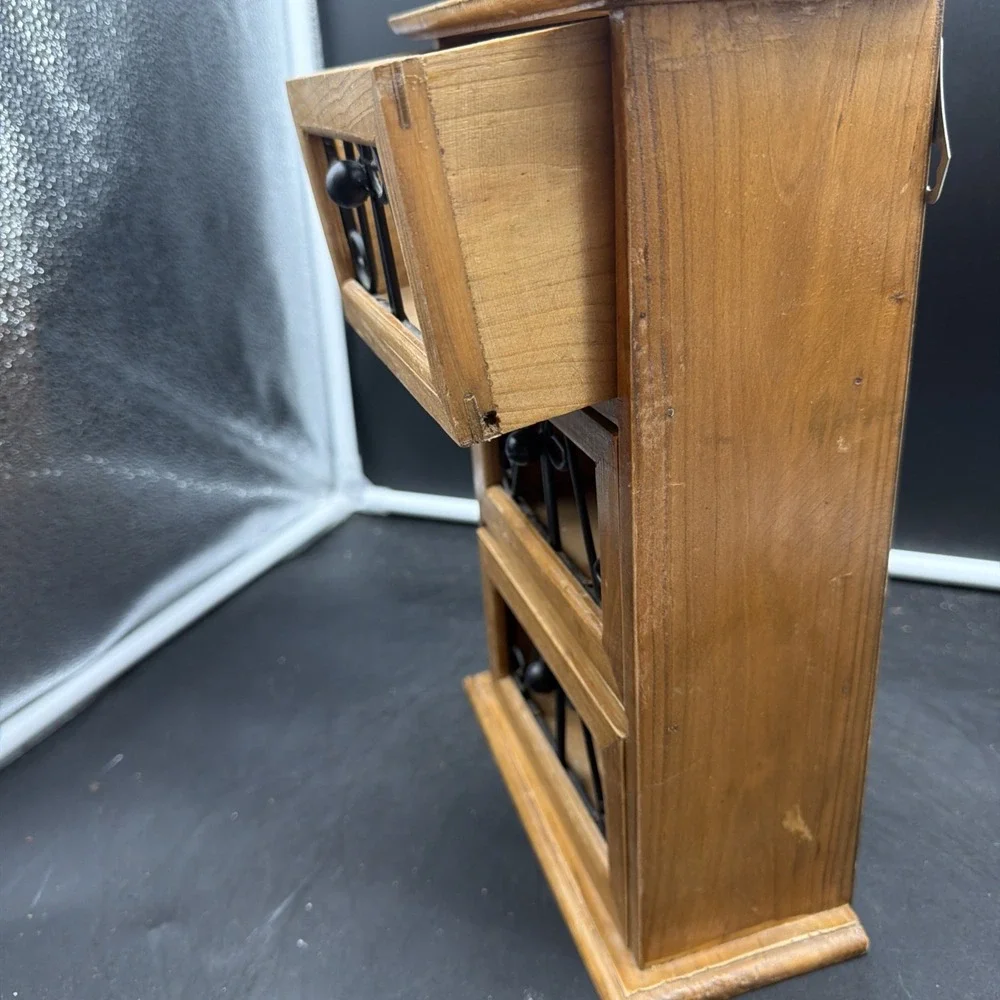 VTG Wood Small Counter Top 3 Drawer Storage Caddy Iron Scroll Drawers Grannycore